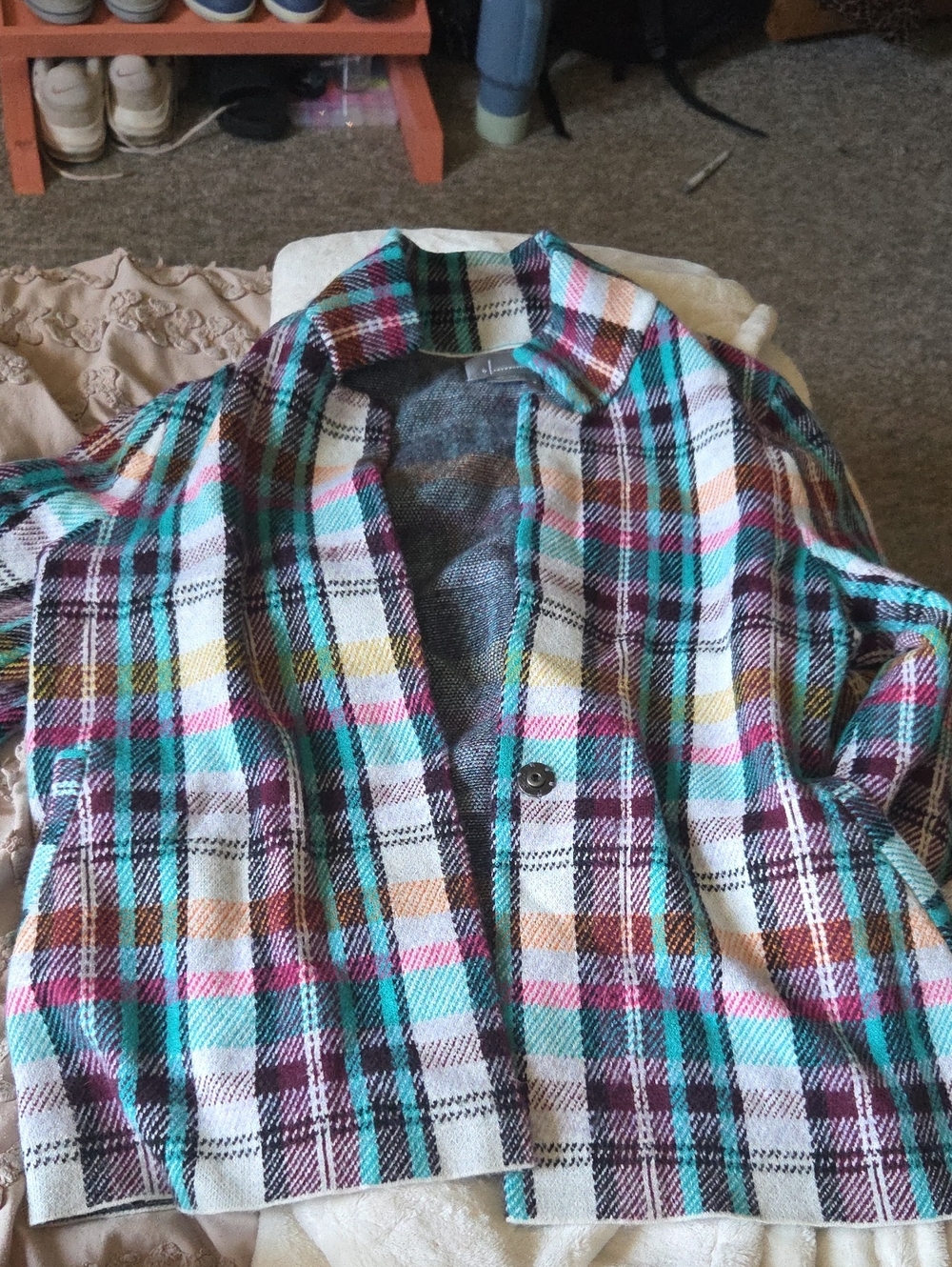 Anthropologie Plaid Knit Jacket in Teal, Burgundy & Black